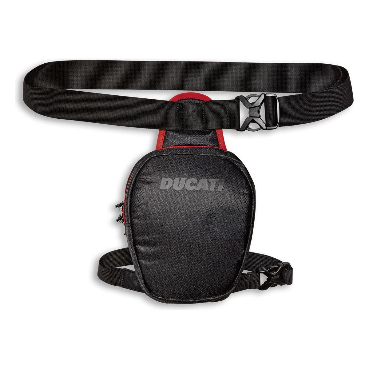 Black Ducati leg bag with red accents on a white background