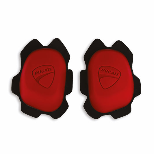 Pair of red knee pads with Ducati logo on a white background