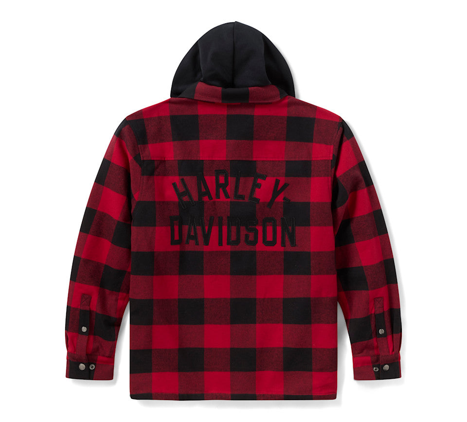 Harley-Davidson® Men's Traveler Hooded Shirt Jacket - Plaid - Deep Red & Harley Black