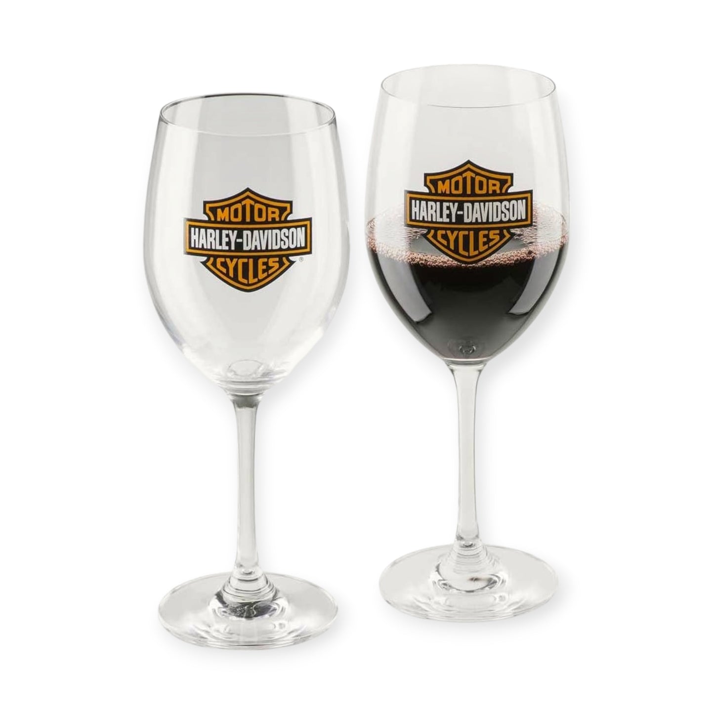 Two wine glasses with Harley-Davidson logo on a white background