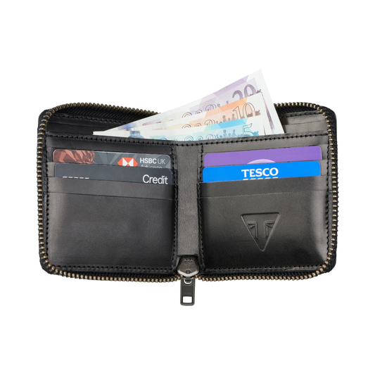 Triumph Black Leather Square Zip Wallet