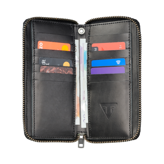 Triumph Black Leather Long Zip Wallet
