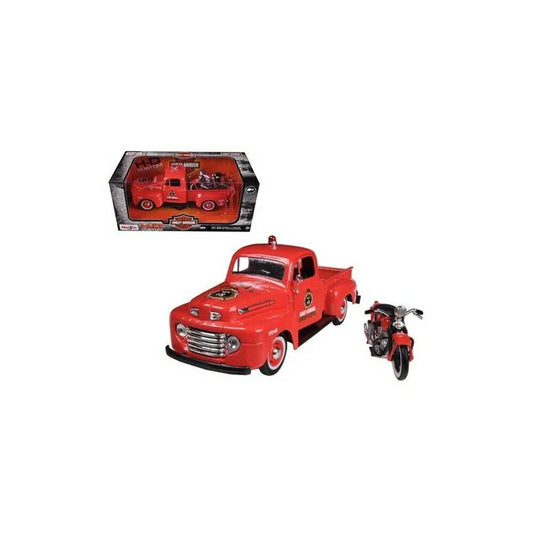 Harley-Davidson® 1948 Ford F-1 Pickup Truck Harley Davidson Fire with 1936 El Knucklehead Harley 1:24
