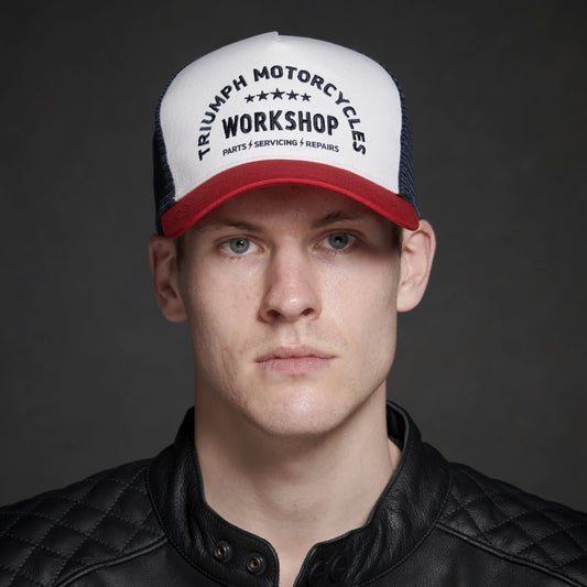 Triumph Workshop Trucker Cap in Bone and Red