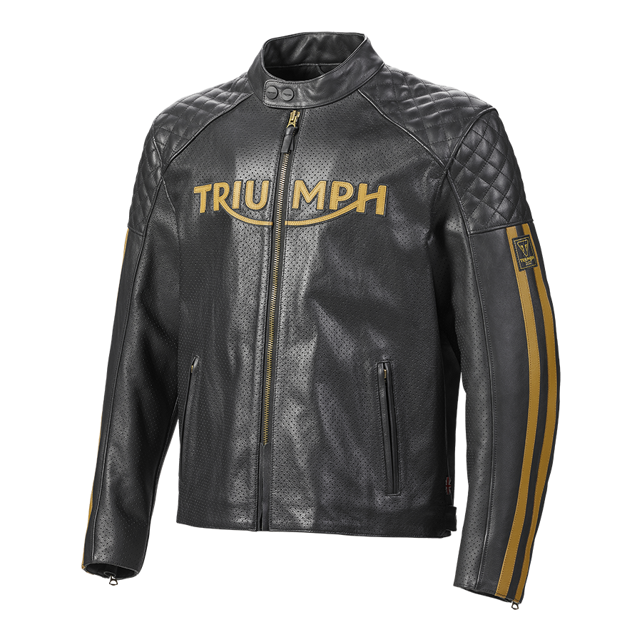 Triumph Braddan Air Racing Leather Jacket in Black and Gold