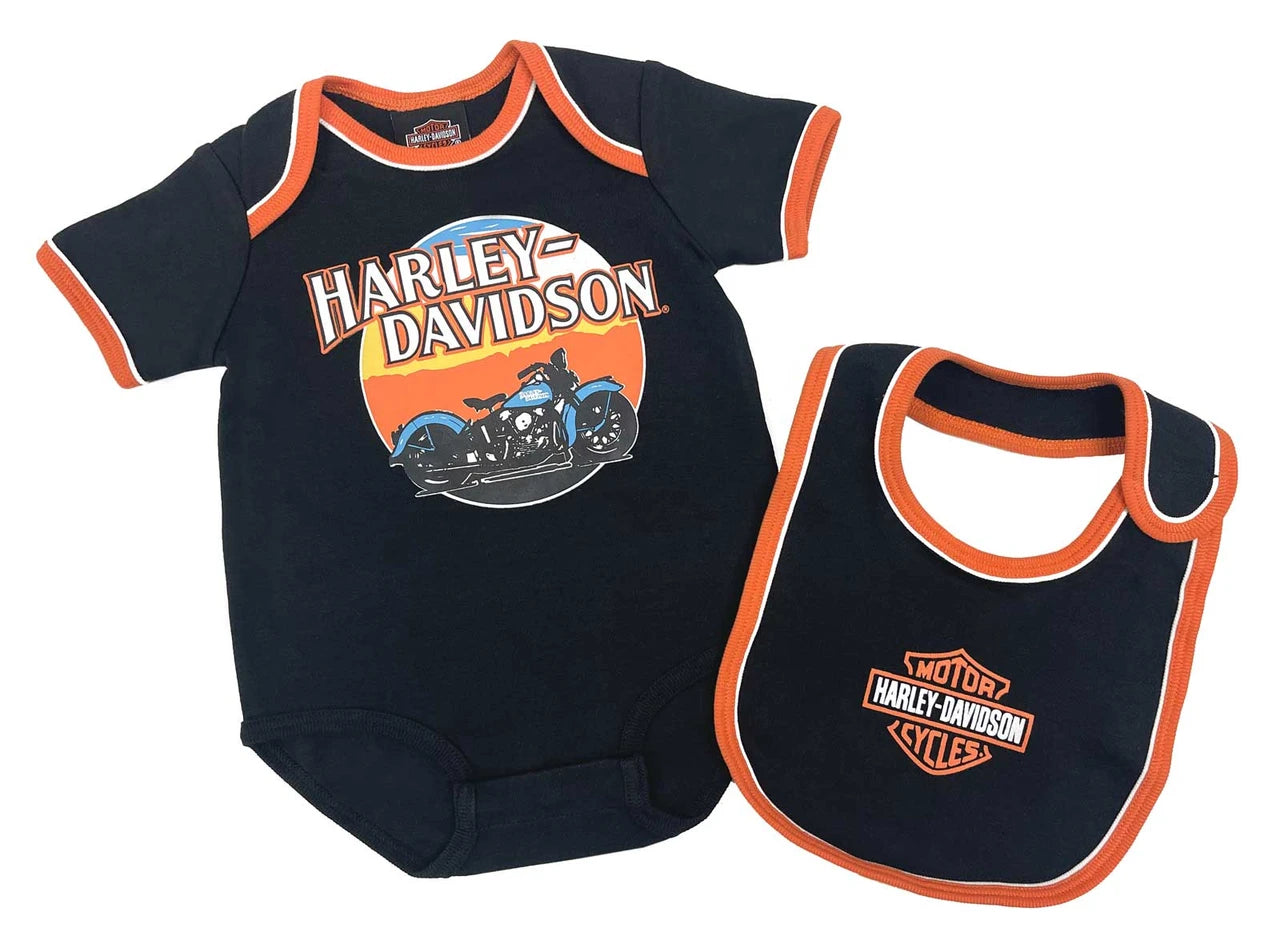 Harley-Davidson® Baby Boys' Short Sleeve Newborn Creeper & Bib Set, Black/Orange