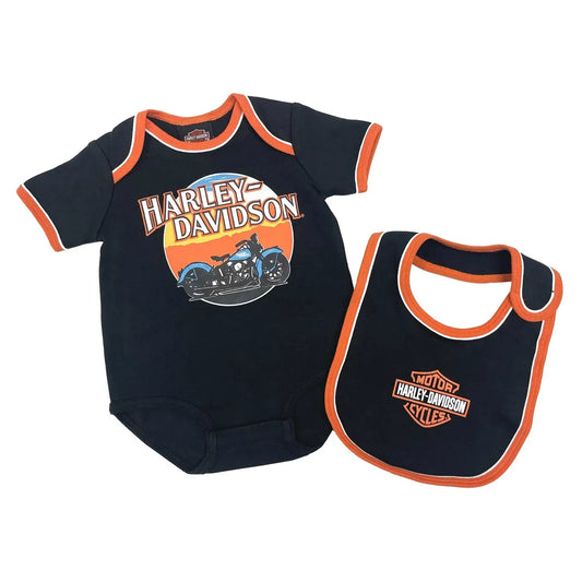 Harley-Davidson® Baby Boys' Short Sleeve Newborn Creeper & Bib Set, Black/Orange