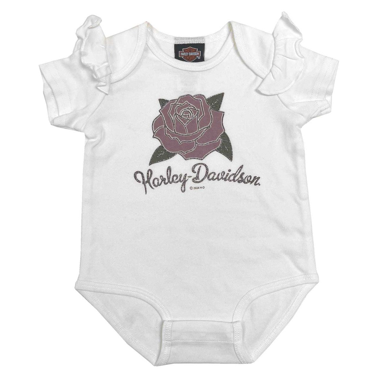 Harley-Davidson® Baby Girls' Glitter Rose Ruffle Sleeve Infant Creeper – White