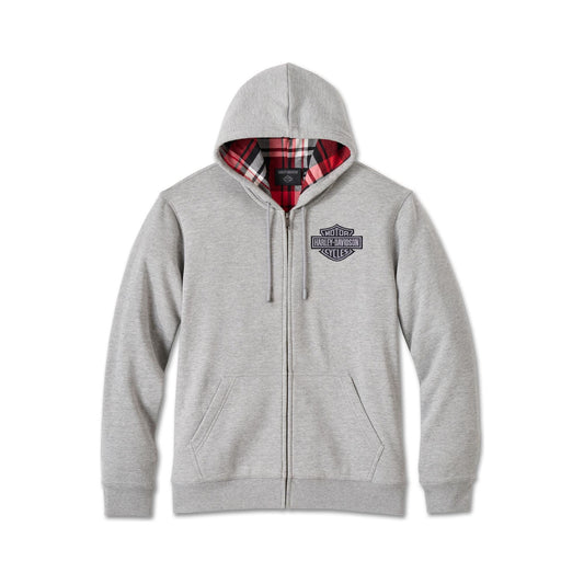 Harley-Davidson® Men's Bar & Shield Plaid Lined Zip-Up Hoodie - Grey Heather