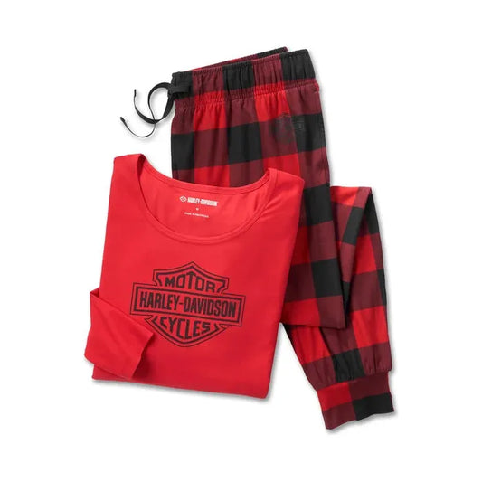 Harley-Davidson® Women's Bar & Shield Plaid Long Sleeve Pajama Set - Chili Pepper