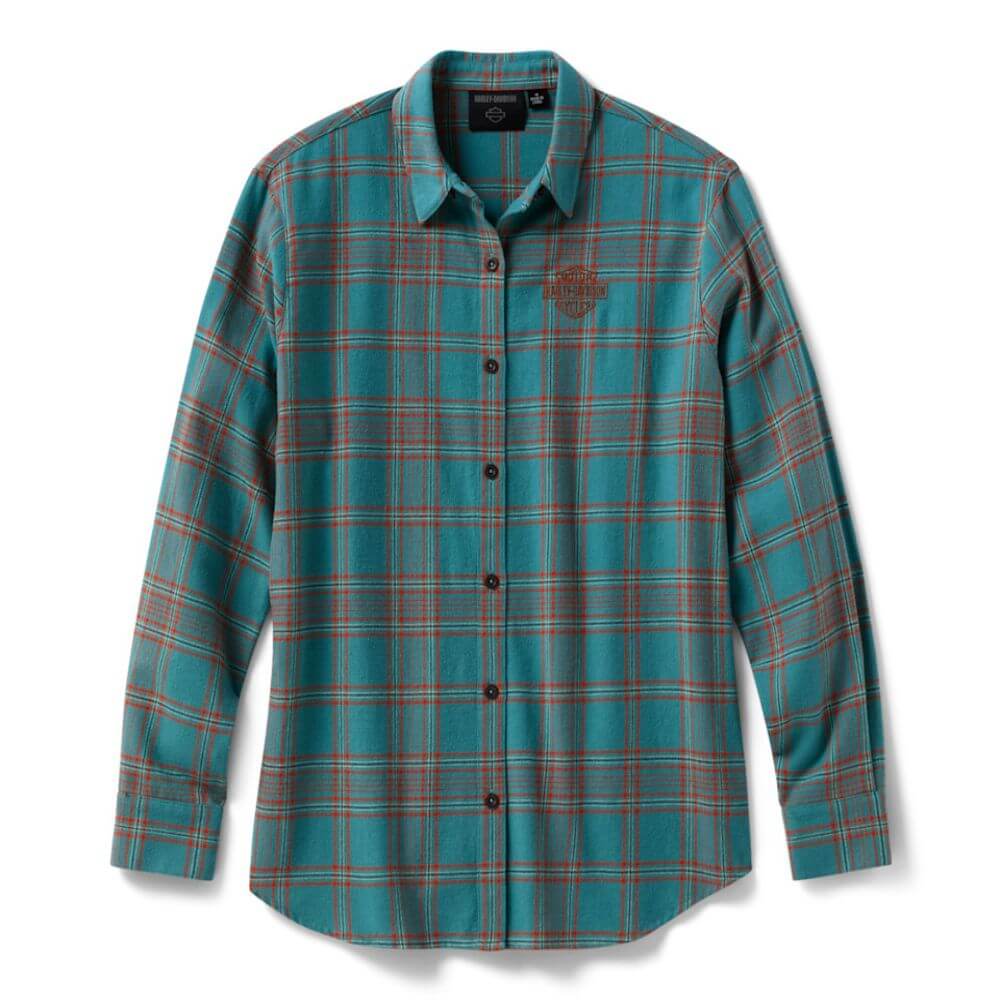 Harley-Davidson® Women's Vintage Fringe Plaid Shirt - Rustic Teal & Vintage Orange