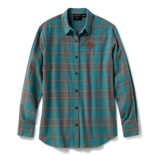 Harley-Davidson® Women's Vintage Fringe Plaid Shirt - Rustic Teal & Vintage Orange