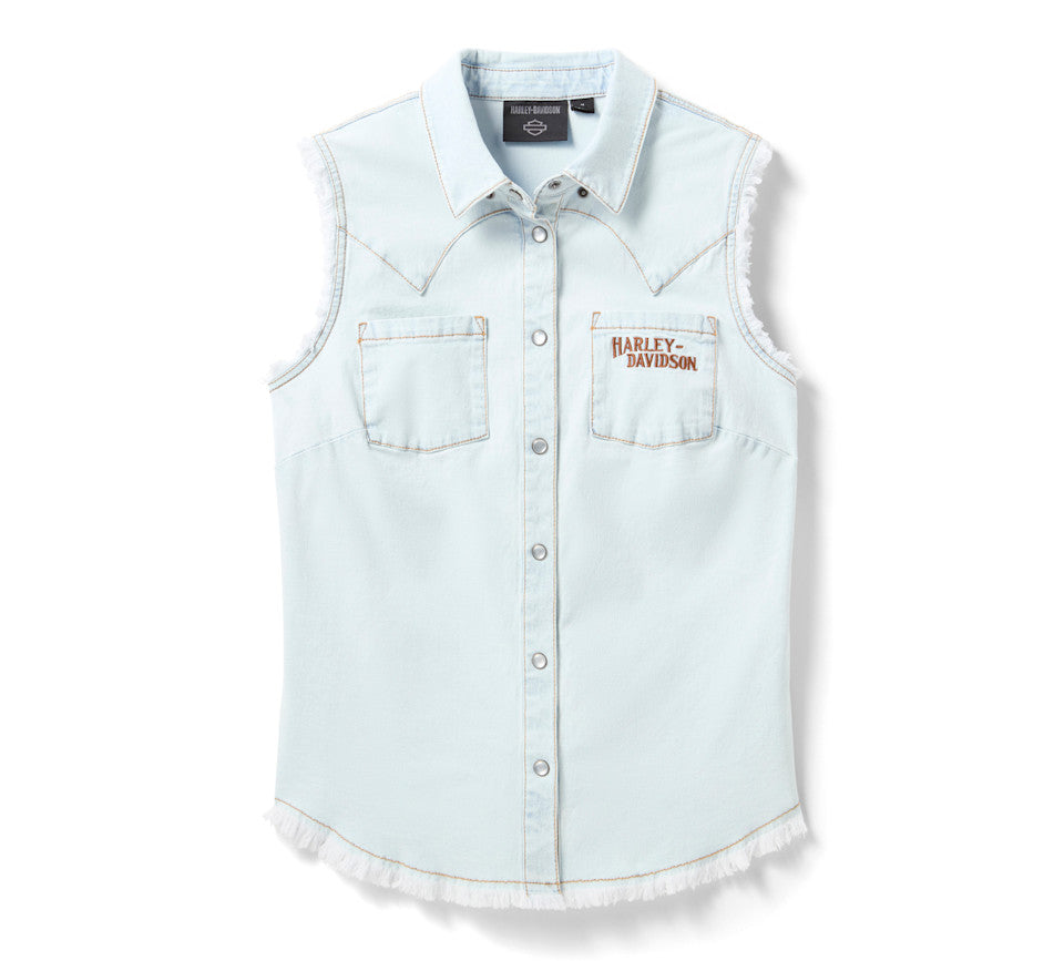 Harley Davidson® Women's Vintage Fringed Sleeveless - Denim Pale Blue