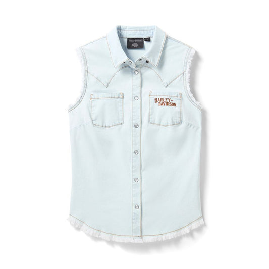 Harley Davidson® Women's Vintage Fringed Sleeveless - Denim Pale Blue