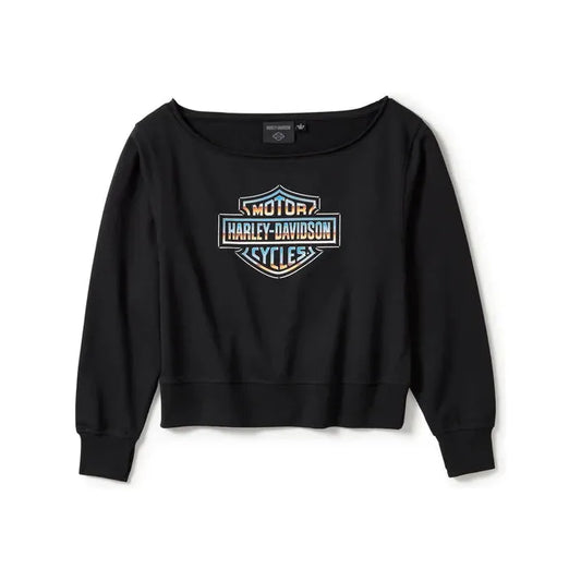 Harley-Davidson women's black off-the-shoulder sweatshirt with a chrome-like graphic on the front.