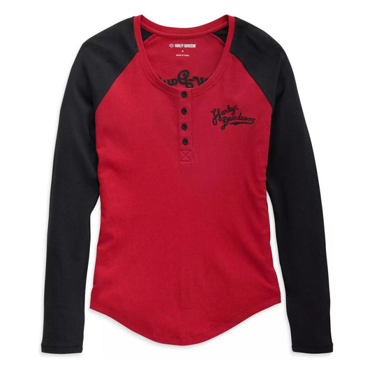 Harley-Davidson® Women's Timeless Silver Wing Henley - Colorblocked - Chili Pepper