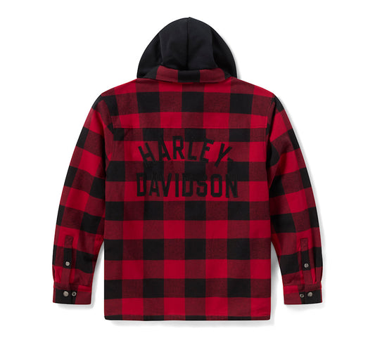 Harley-Davidson® Men's Traveler Hooded Shirt Jacket - Plaid - Deep Red & Harley Black