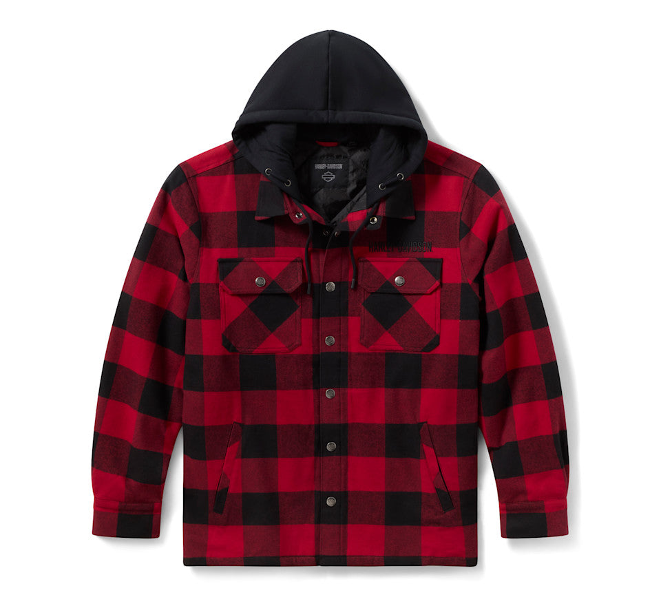 Harley-Davidson® Men's Traveler Hooded Shirt Jacket - Plaid - Deep Red & Harley Black