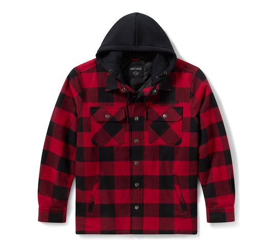 Harley-Davidson® Men's Traveler Hooded Shirt Jacket - Plaid - Deep Red & Harley Black