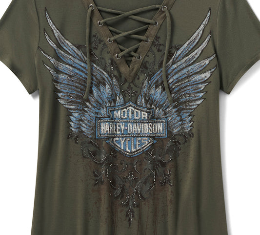 Harley-Davidson® Women's Bling Dark Angel Short Sleeve Laced Front Tee