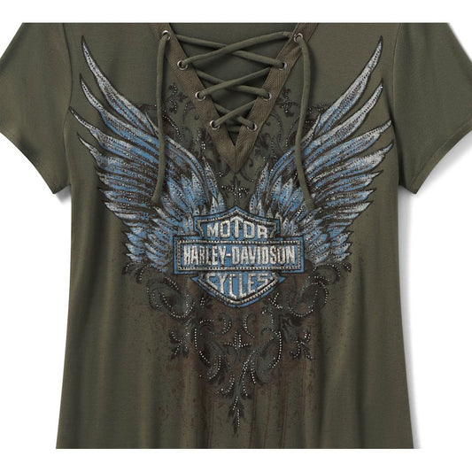 Harley-Davidson® Women's Bling Dark Angel Short Sleeve Laced Front Tee