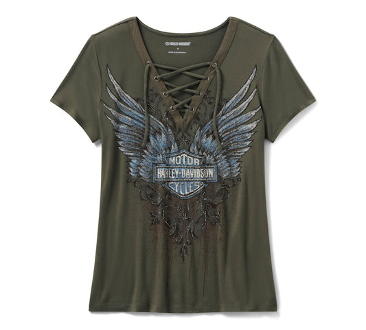 Harley-Davidson® Women's Bling Dark Angel Short Sleeve Laced Front Tee