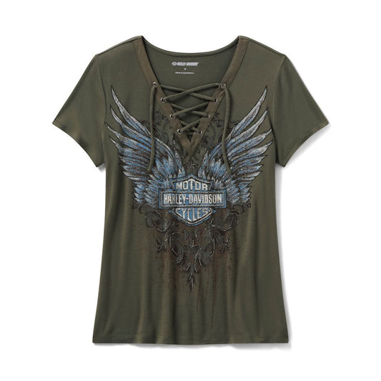 Harley-Davidson® Women's Bling Dark Angel Short Sleeve Laced Front Tee