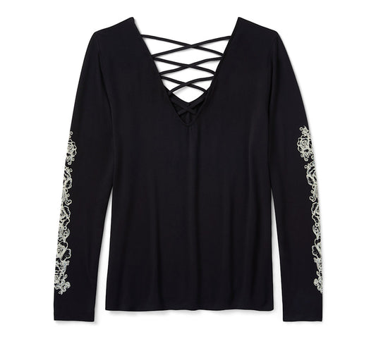 Harley-Davidson® Women's Bling Chrome & Roses Long Sleeve Laced Back V Neck Tee
