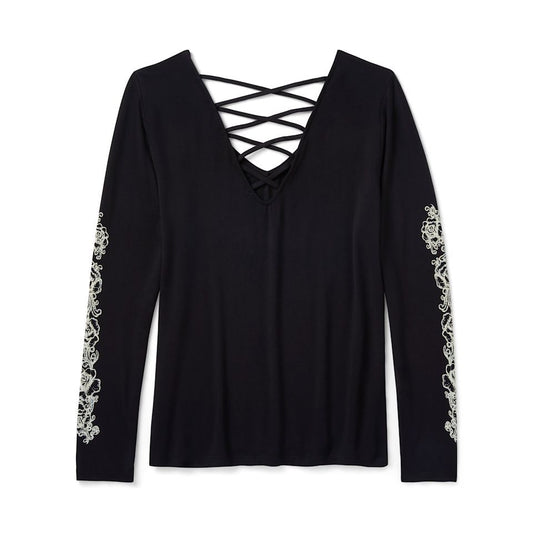 Harley-Davidson® Women's Bling Chrome & Roses Long Sleeve Laced Back V Neck Tee