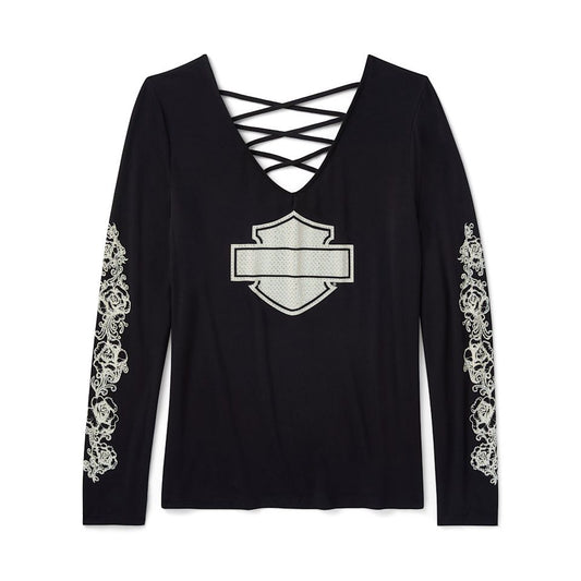 Harley-Davidson® Women's Bling Chrome & Roses Long Sleeve Laced Back V Neck Tee