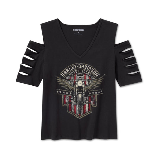 Harley-Davidson® Women's Bling Rally Rip & Repair Cold Shoulder V Neck Tee