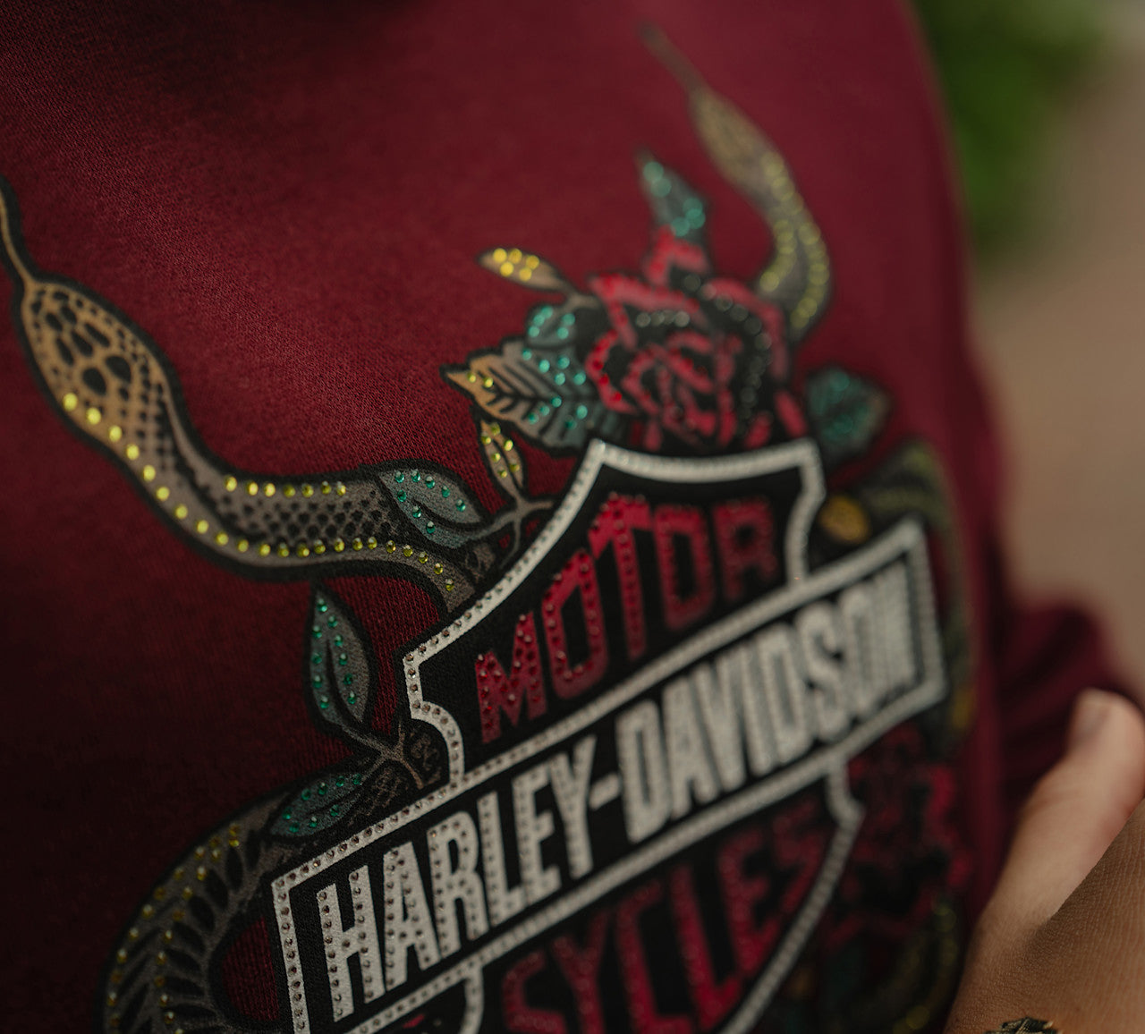 Harley-Davidson® Women's Serpent Rose Bling Fleece - Maroon Banner