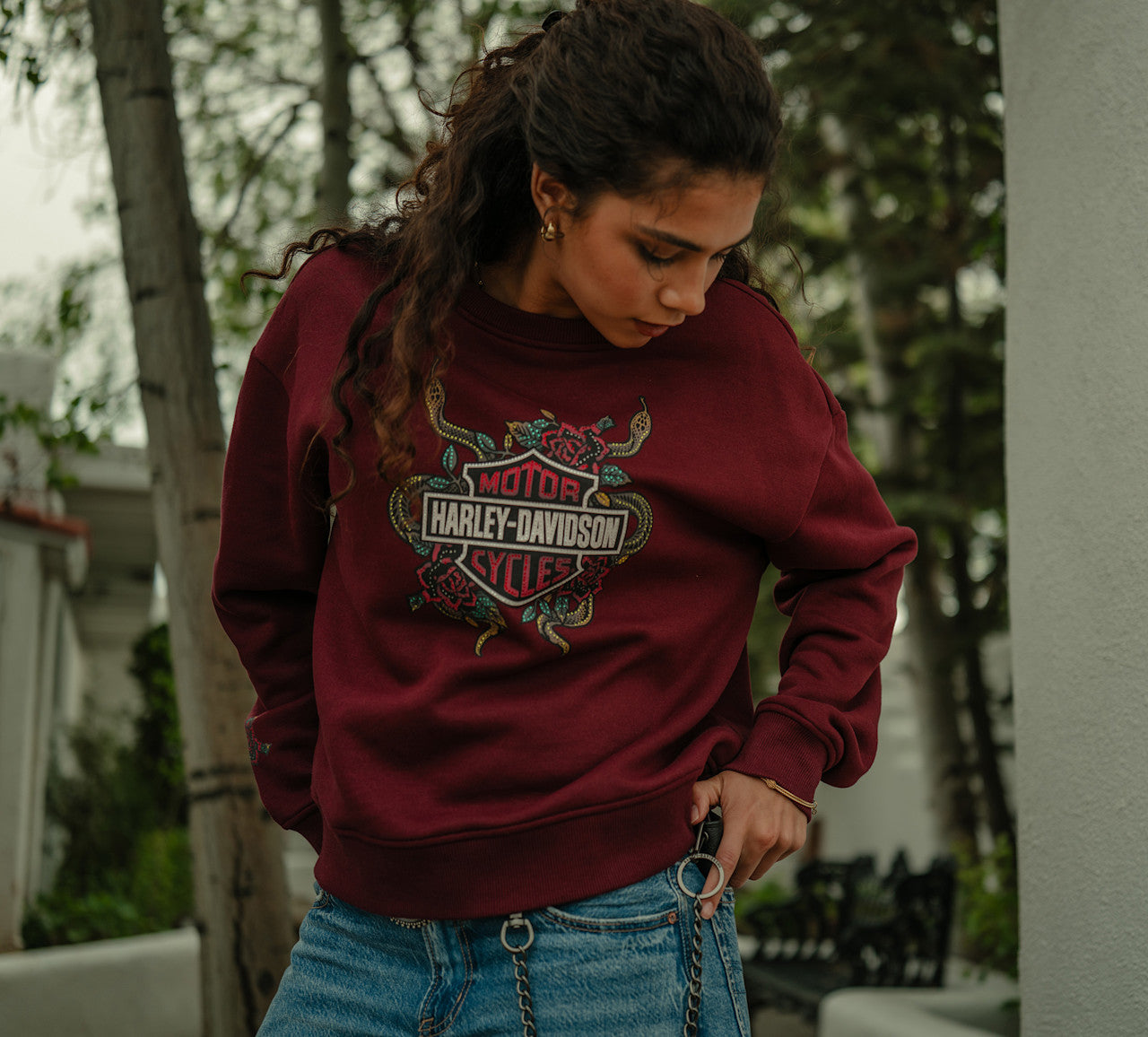 Harley-Davidson® Women's Serpent Rose Bling Fleece - Maroon Banner