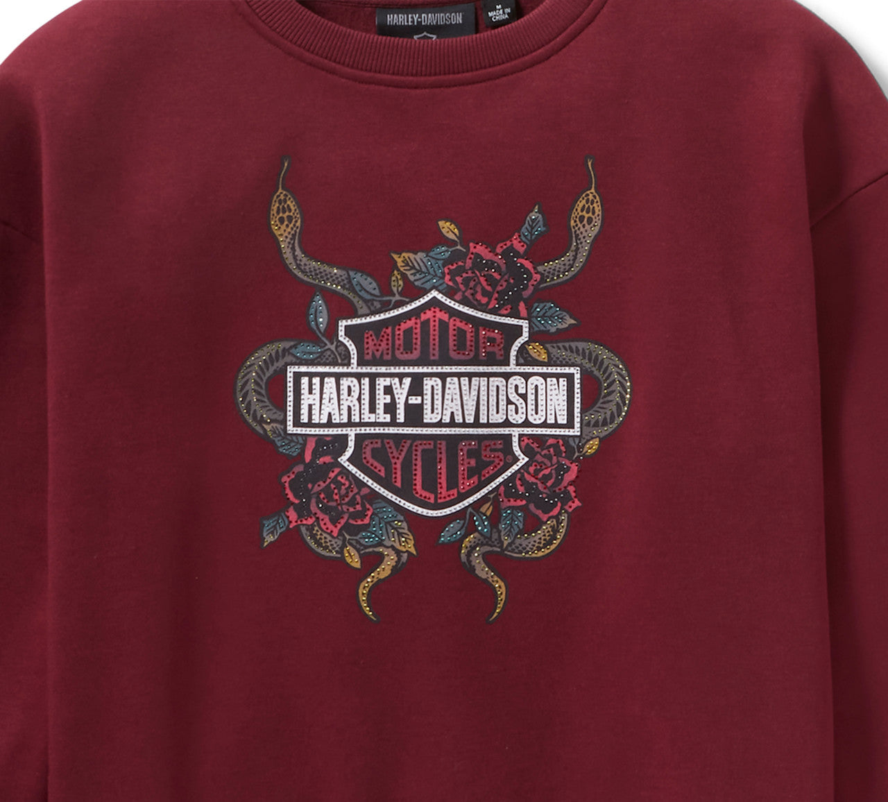 Harley-Davidson® Women's Serpent Rose Bling Fleece - Maroon Banner