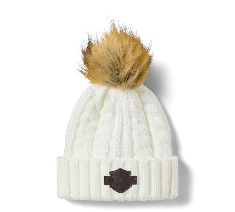 Harley-Davidson® Women's Leather Patch Pom Beanie - Cloud Dancer