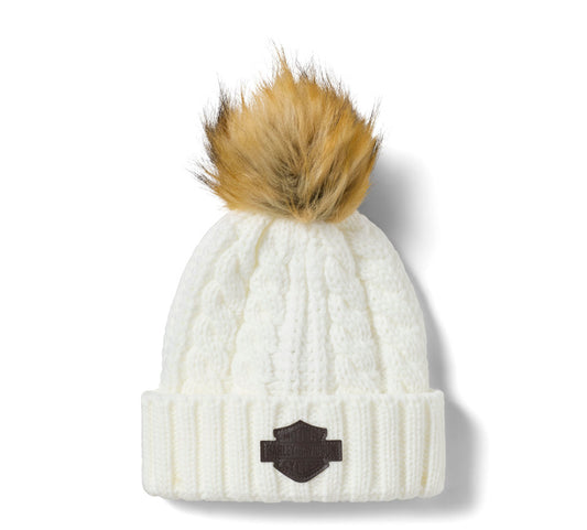 Harley-Davidson® Women's Leather Patch Pom Beanie - Cloud Dancer