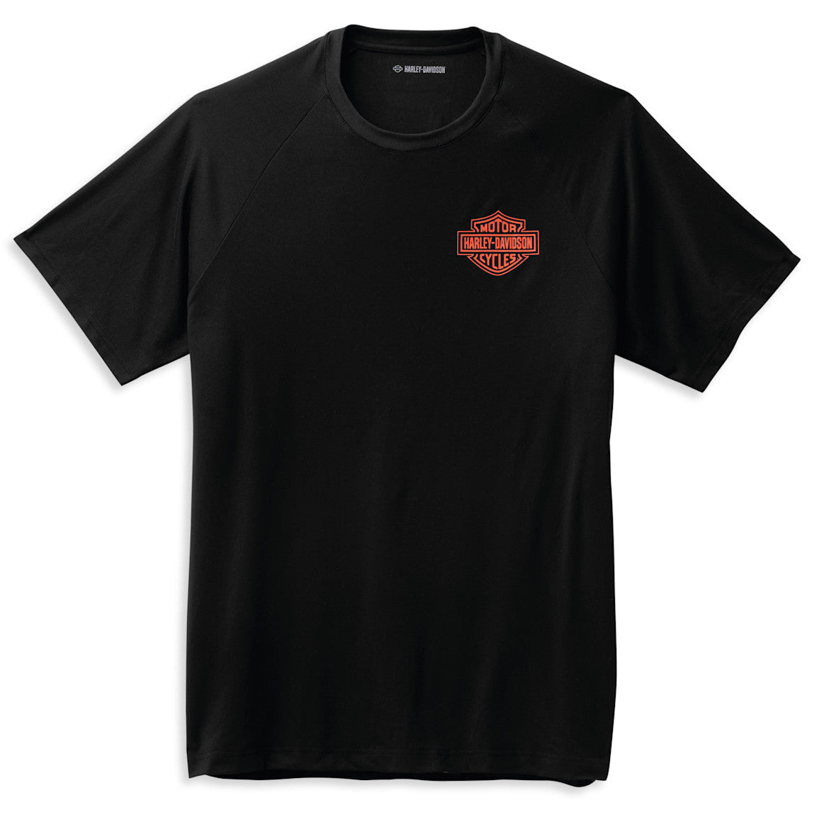 Black t-shirt with a red logo on a white background