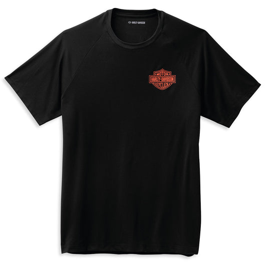 Black t-shirt with a red logo on a white background