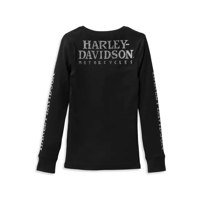 Harley-Davidson® Women's Willie G Skull Snap Front Long Sleeve Henley - Black Beauty