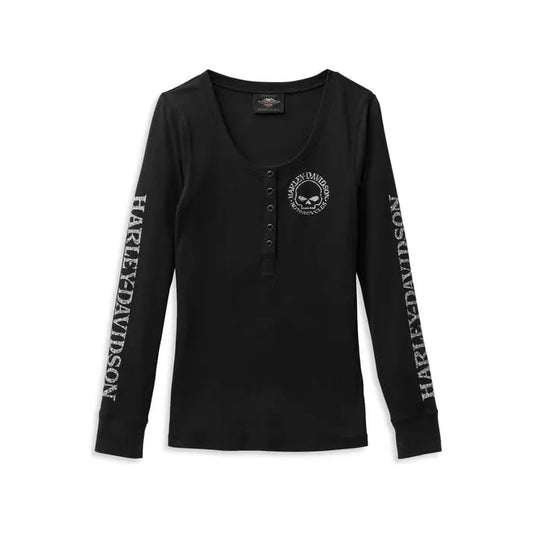 Harley-Davidson® Women's Willie G Skull Snap Front Long Sleeve Henley - Black Beauty