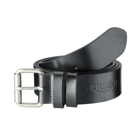 Black belt with silver buckle on a white background, featuring the Triumph brand.