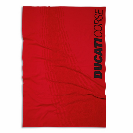 Red towel with 'Ducati Corse' text on a white background