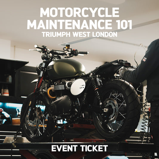 Promotional image for Triumph West London's Basic Motorcycle Maintenance 101 workshop, featuring a motorcycle on a lift with a person working on it, and text detailing the event information.