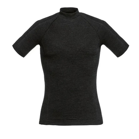 A black BMW branded all season functional t-shirt with short sleeves and a round neckline.