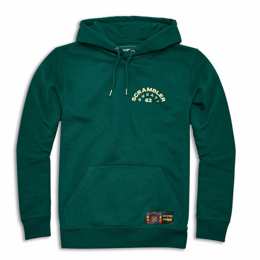 A green Ducati hoodie with a kangaroo pocket and hood, featuring text and a graphic on the front.