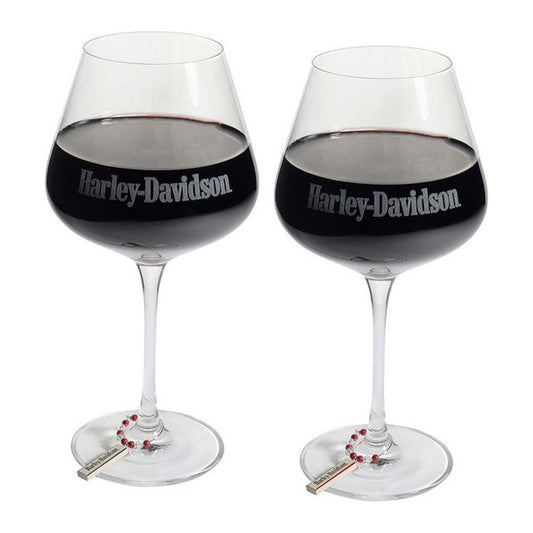 Harley-Davidson® Wine Glass Set w/ Charms, Etched H-D Script, Set of Two 23 oz.