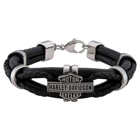 Harley-Davidson® Men's Stainless Steel Vintage B&S Hardware Leather Bracelet