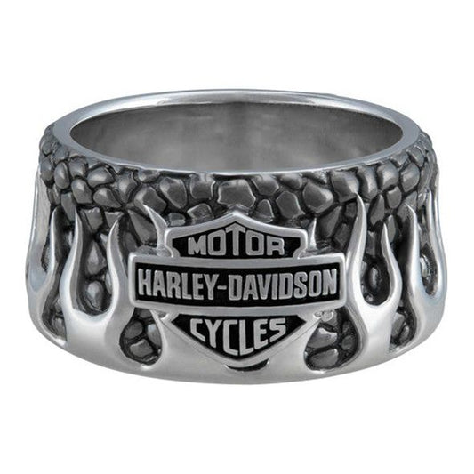 Harley-Davidson® Men's Textured Flames Bar & Shield Stainless Steel Metal Ring
