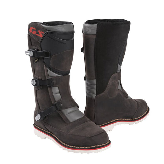 A pair of BMW Motorrad Venture Grip Pro GORE-TEX boots in black and grey, featuring adjustable aluminium buckles and a high shin plate.