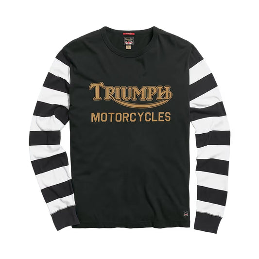 Black long-sleeve shirt with white stripes and 'Triumph Motorcycles' text on a white background